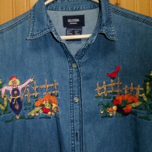 vtg Solutions only pumpkins scarecrow cardinal embroidered denim shirt lg